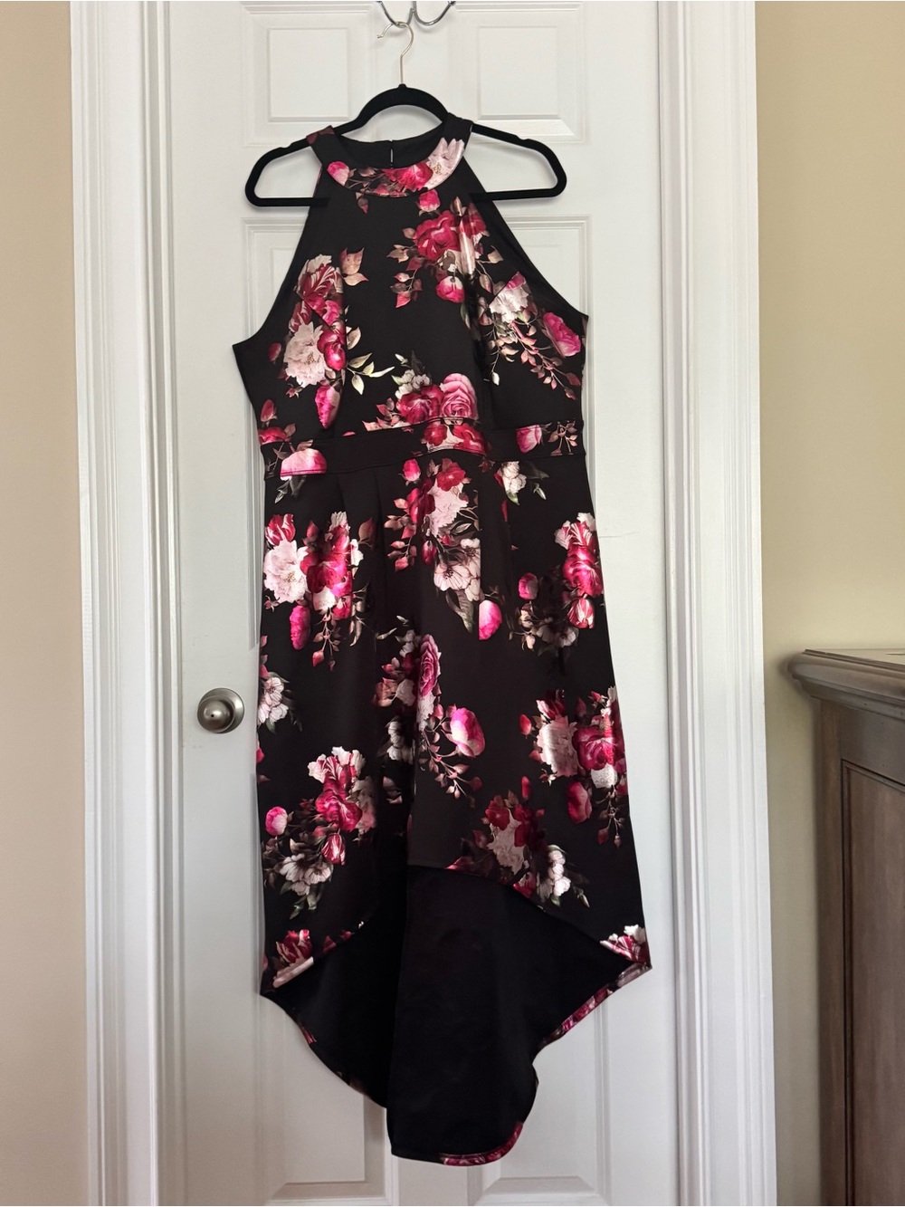 Floral High-Low Halter Dress - Black with Foil Pink Floral